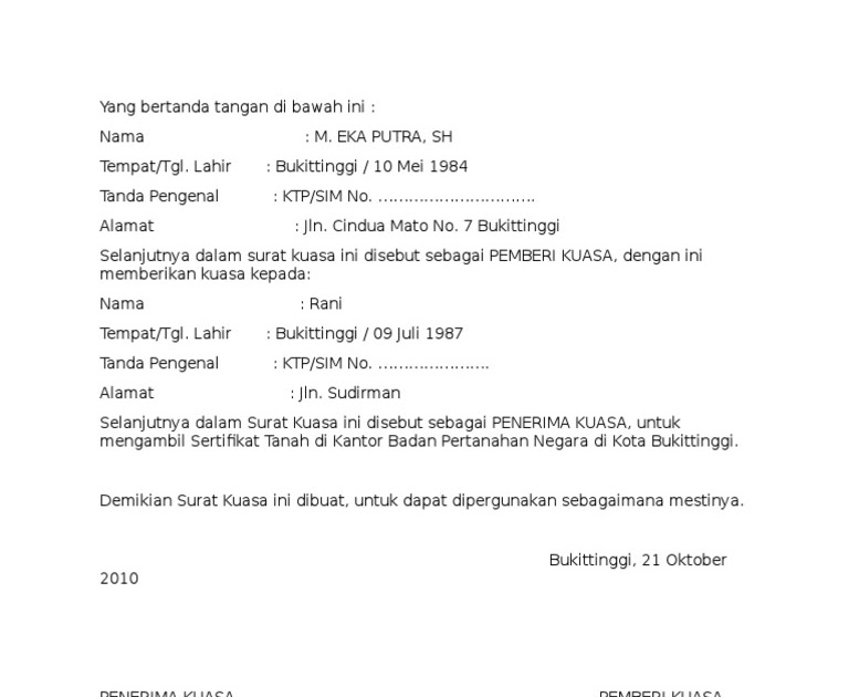 Contoh Surat Kuasa Lelang