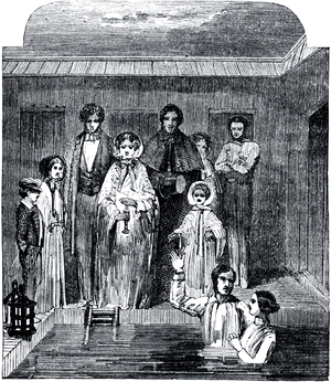 English: Drawing of a Mormon baptism ceremony,...