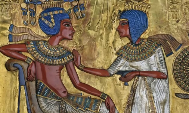 Tutankhamun and his Wife Ankhesenamun painting on        Tutankhamun's royal seat – SmithSonian Channel/Youtube 