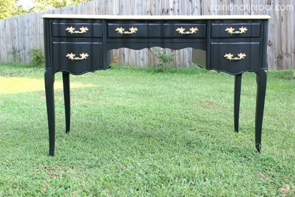 Black and Gold French Desk Makeover {rainonatinroof.com} #makeover #homeright #french