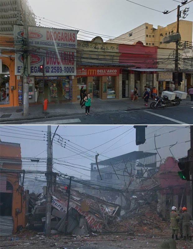 Imagens mostram o local da explosão em São Cristóvão antes e depois da explosão (Foto: Reprodução/GoogleStreetView e GloboNews)
