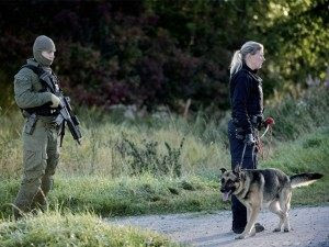 A policeman and a police woman take part in a search for a man who stabbed a policeman at the country's largest reception centre for asylum seekers near Birkerod, Denmark, on September 29, 2015