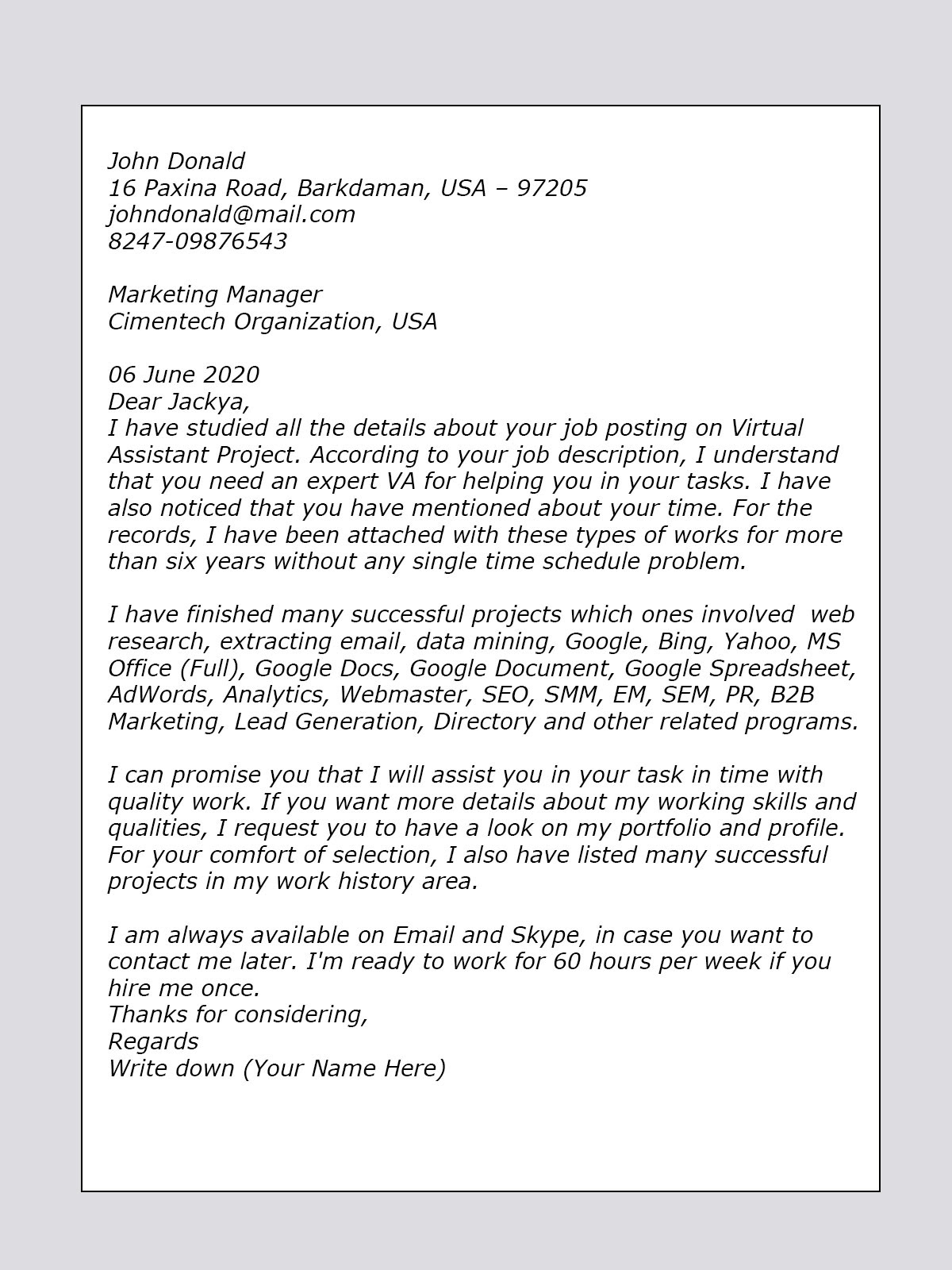 Cover Letter Template For Virtual Assistant