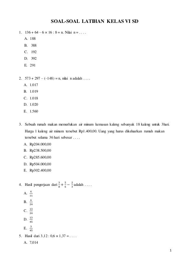 Latihan Soal Matematika Kelas 6 SD Latihan Soal Matematika Kelas 6 SD