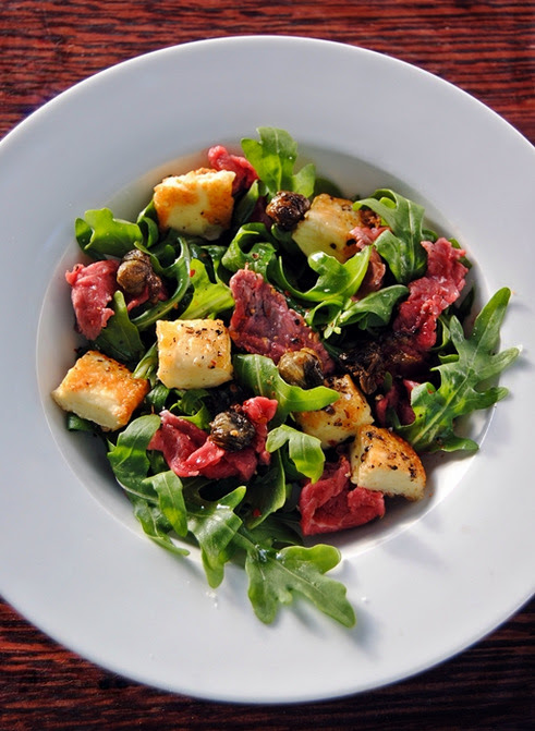 Halloumi and Beef Carpaccio Salad with Fried Capers