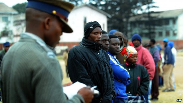 A policeman stands as Zimbabweans line up near a polling station in Harare to vote in a general election on 31 July 2013