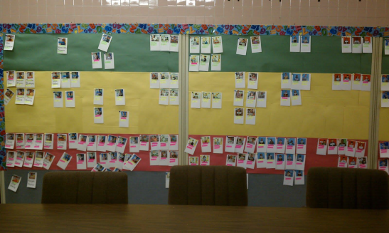 Photos of students with their grades posted in the hallway of Beechwood Pre-K-5 in Pittsburgh, Pennsylvania per their test scores with students with the highest tesst scores on top and going down from there. The Wall of Shame for most students. Teachers now put up similar "data boards" in their classrooms. It's all part of the CCS plan.