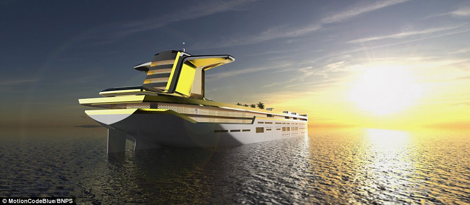 The spectacular design includes space for a four-storey ski slope, complete with Austrian-style lodge, four beach clubs with access to the sea restaurants, a spa and BMW cars to zip guests from on end of the ship to another