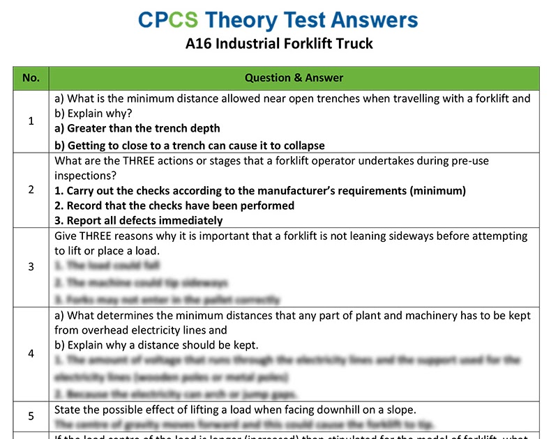 Cpcs A16 Industrial Forklift Truck Theory Test Answers