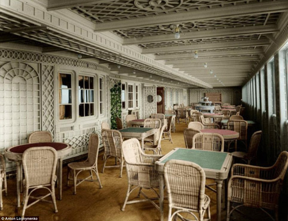 Stylish: The Titanic's Cafe Parisien is shown in its original splendor in this coloured photograph 