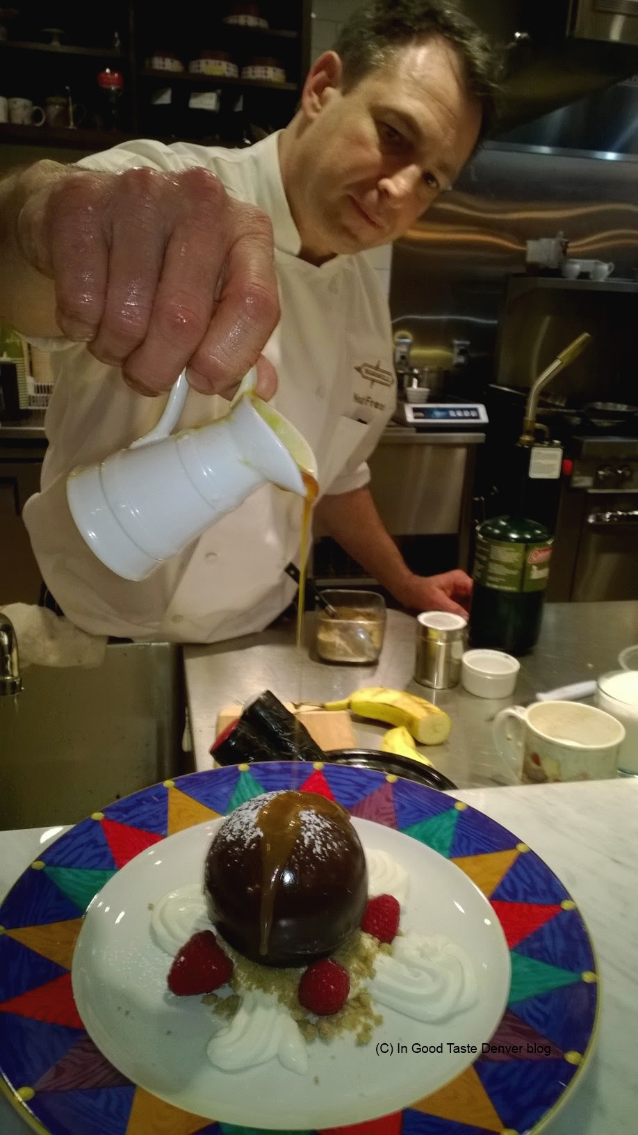 Co-owner and pastry chef, Noah French, creates his namesake dessert, the Noahsphere.