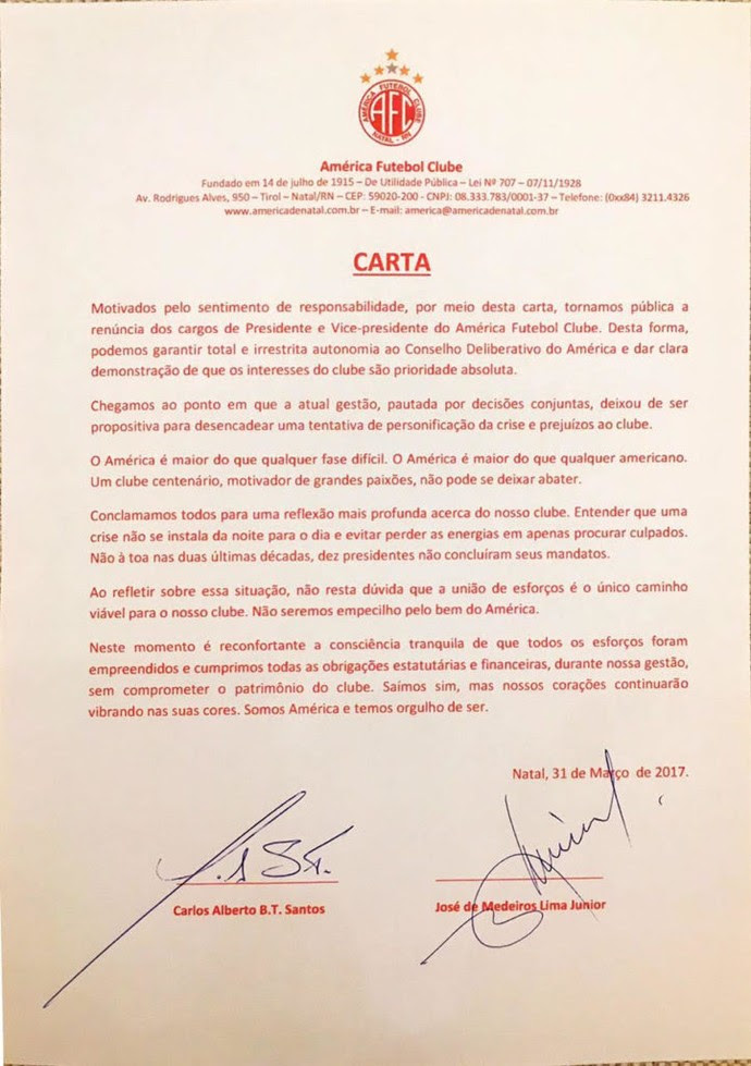 Beto Santos - Carta de renúncia  (Foto: Reprodução)