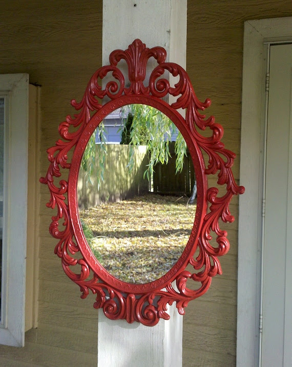 Fairy Princess Mirror - Ornate Vintage Frame in Lipstick Red - 13 by 10 inches
