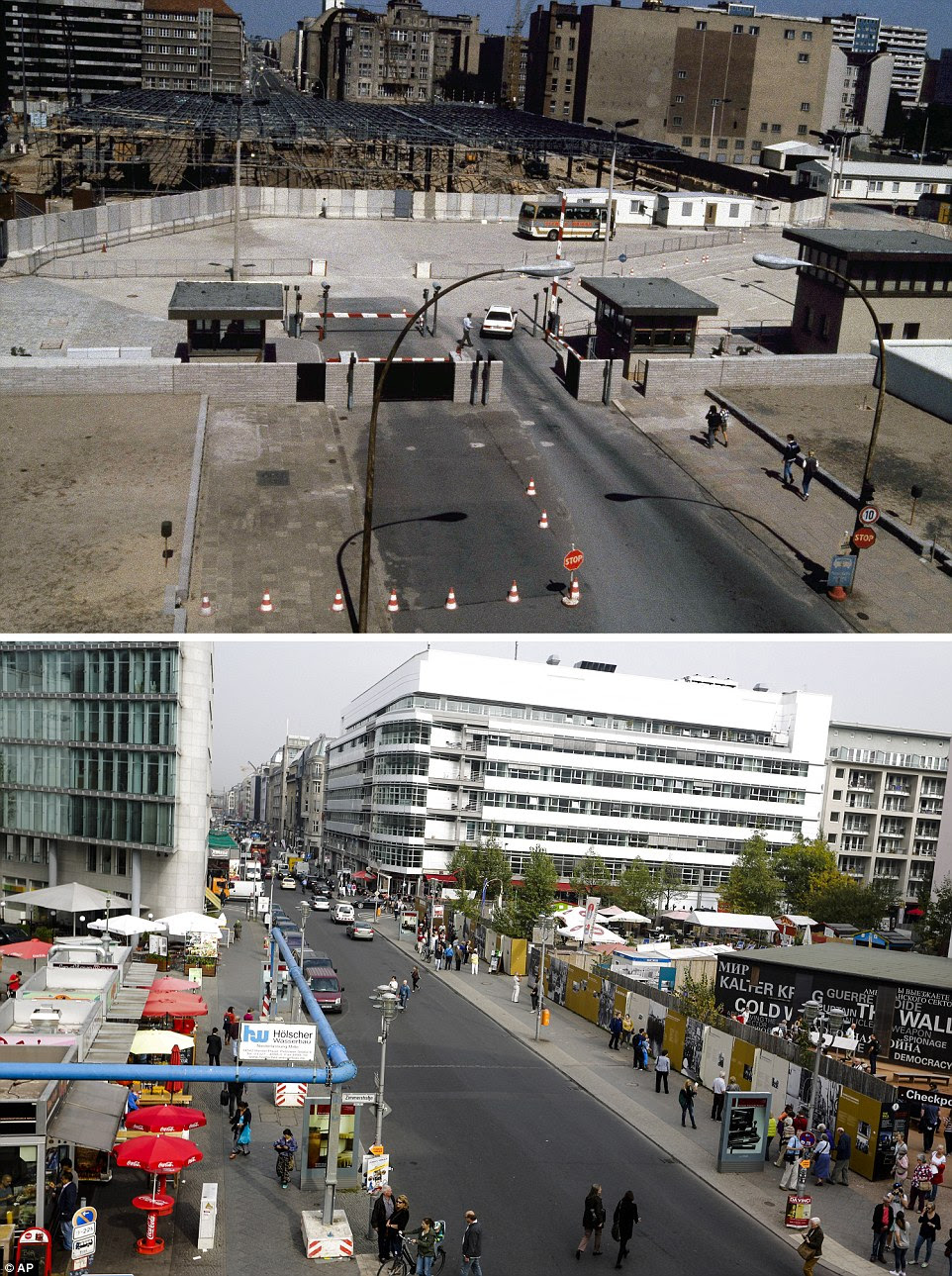 Construction work at the Berlin Wall on Aug. 13, 1985 on Friedrichstrasse near checkpoint Charlie and  Friedrichstrasse Oct. 2, 2014 - 25 years after the fall of the wall. (AP Photo/Markus Schreiber)