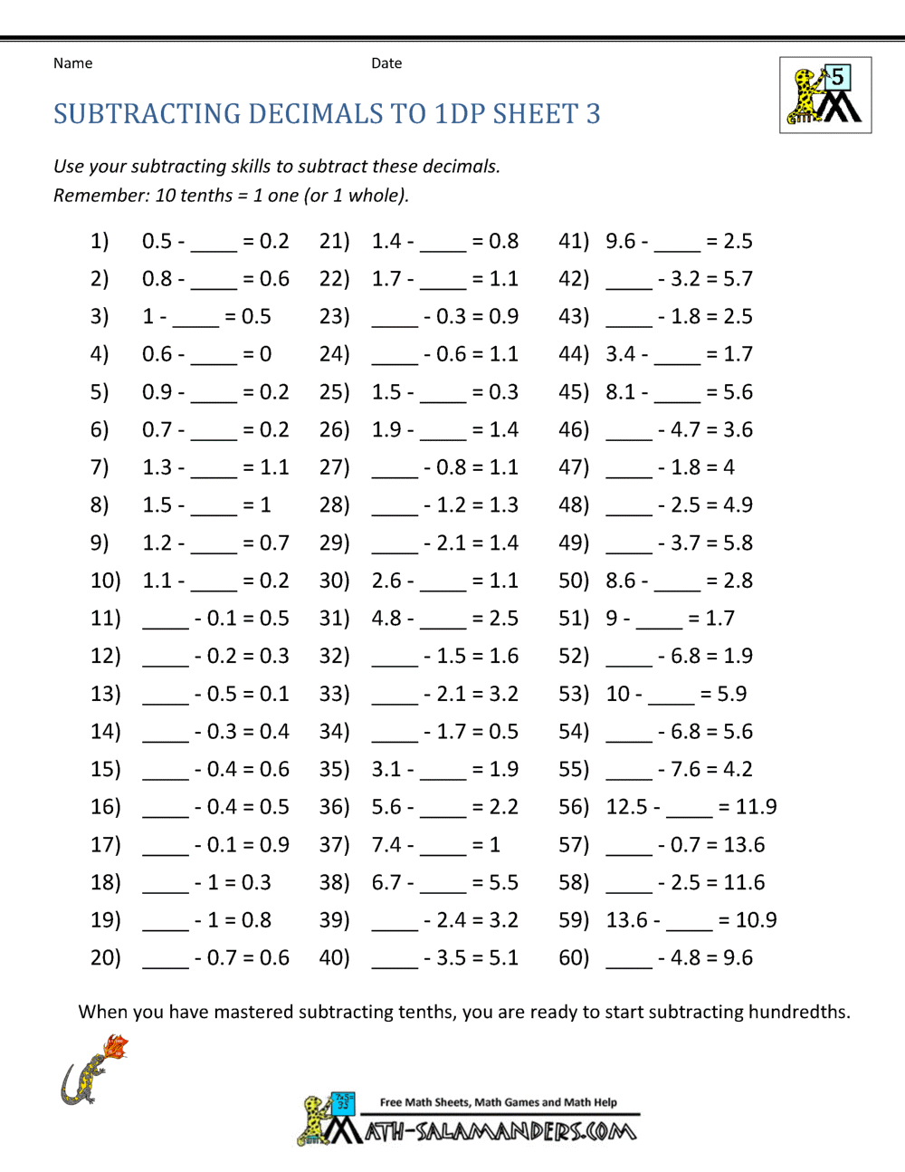 Free Decimal For Grade 3 - Fractions & Decimals: Lock & Key | Worksheet