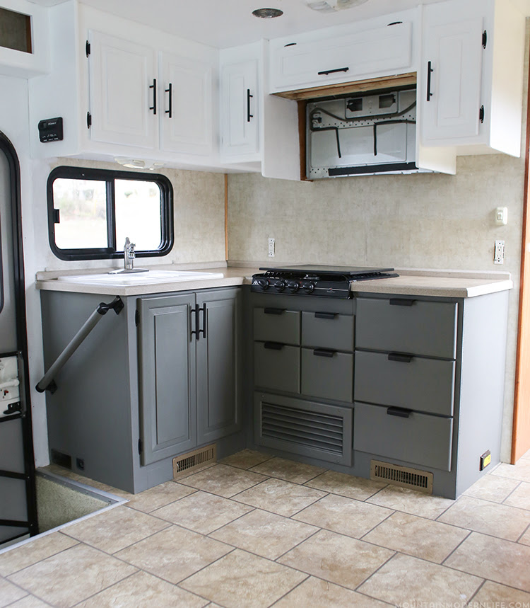Planning to update the kitchen in your camper or motorhome? Come check out the progress of our painted RV kitchen cabinets! MountainModernLife.com