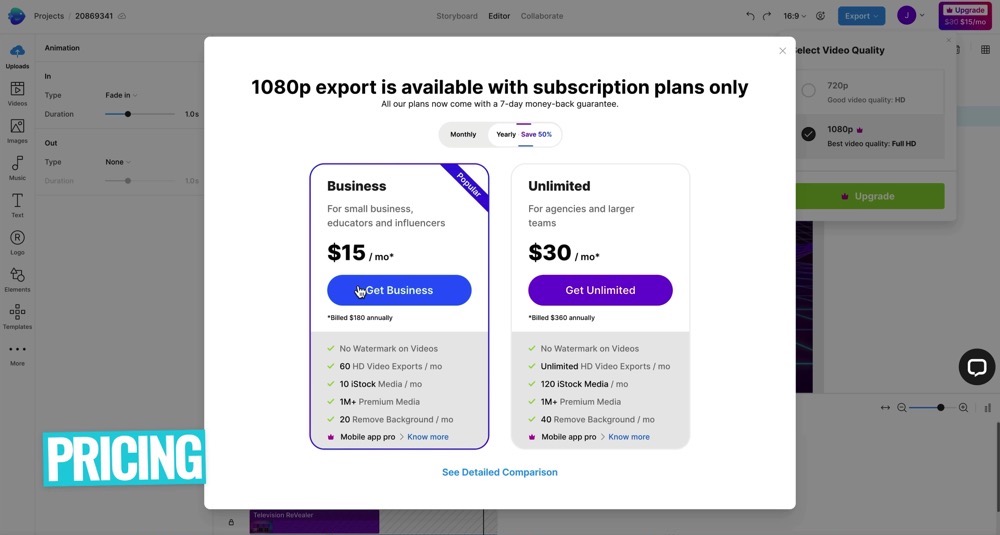 Business and Unlimited pricing on a yearly subscription in InVideo