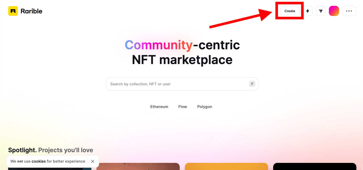 Rarible webpage showing the Create button to create new NFTs