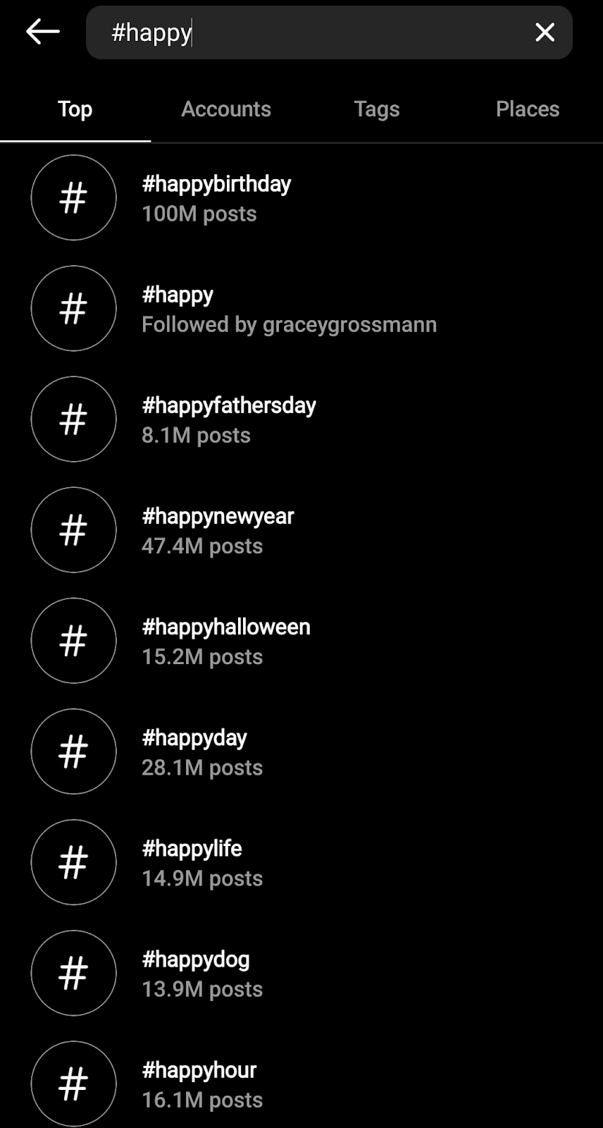 Example of hashtags