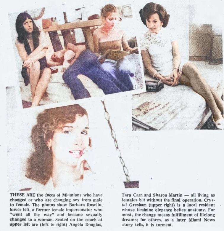 A colorized and restored article on Miamian trans women from The Miami News, 1974.