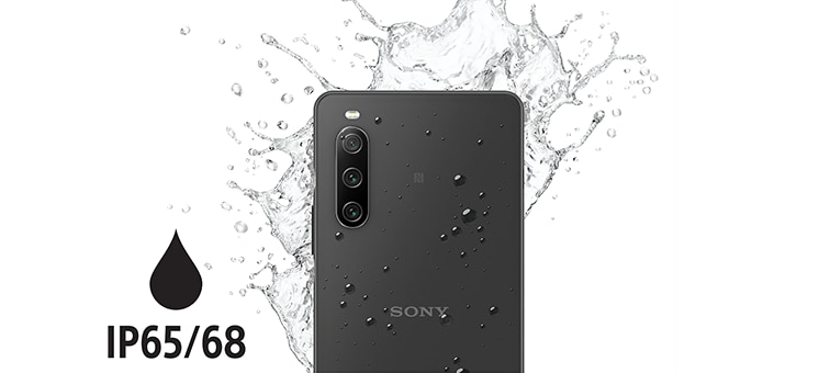 Logo for IP65/68 alongside an Xperia 10 IV in black, being splashed with water