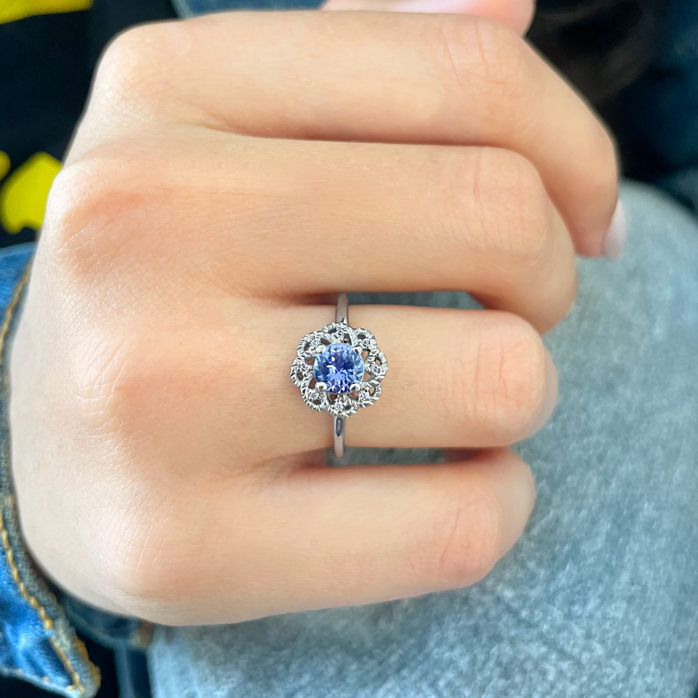 Tanzanite and Diamond Vintage Flora Halo Engagement Ring