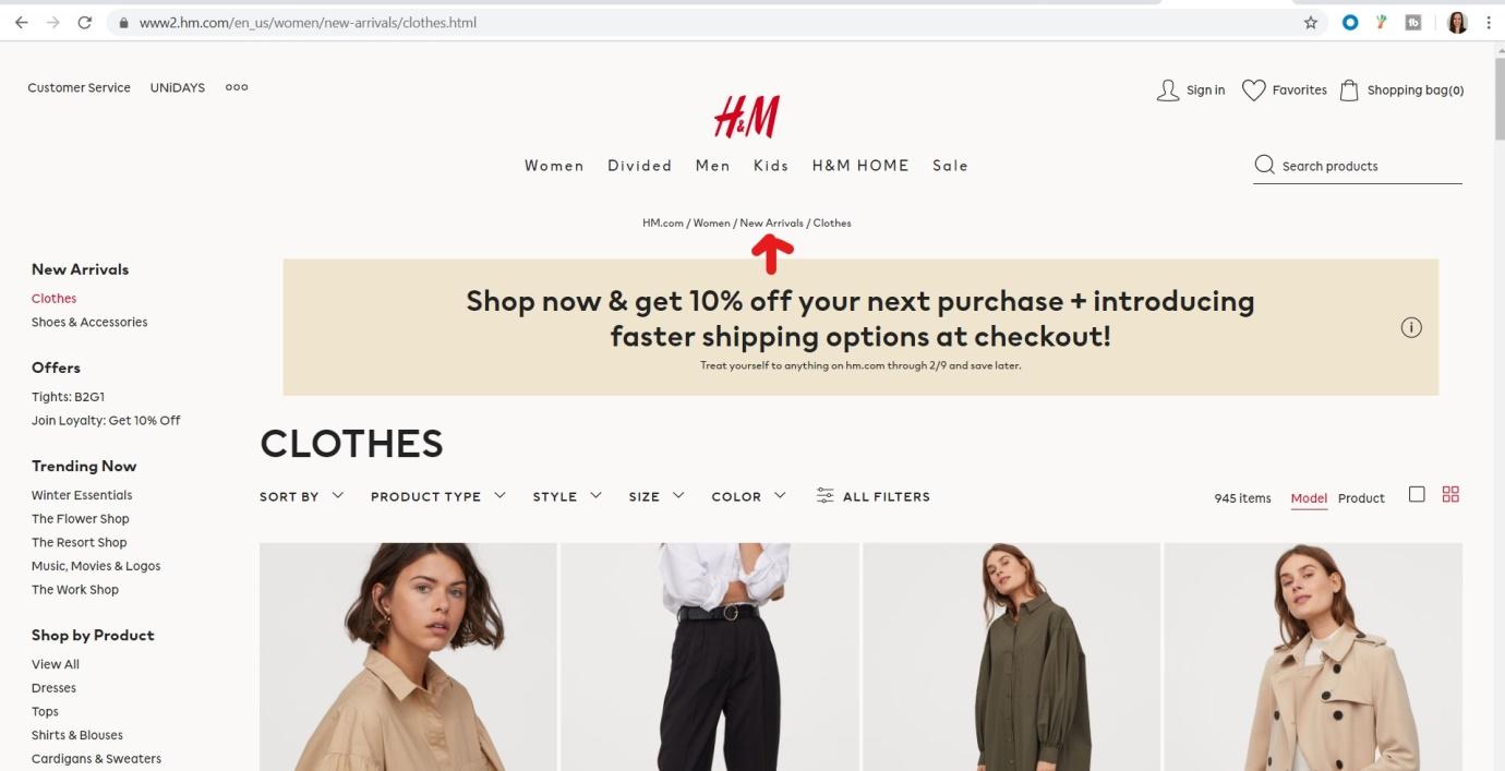screenshot of the new arrivals page for retailer H and M