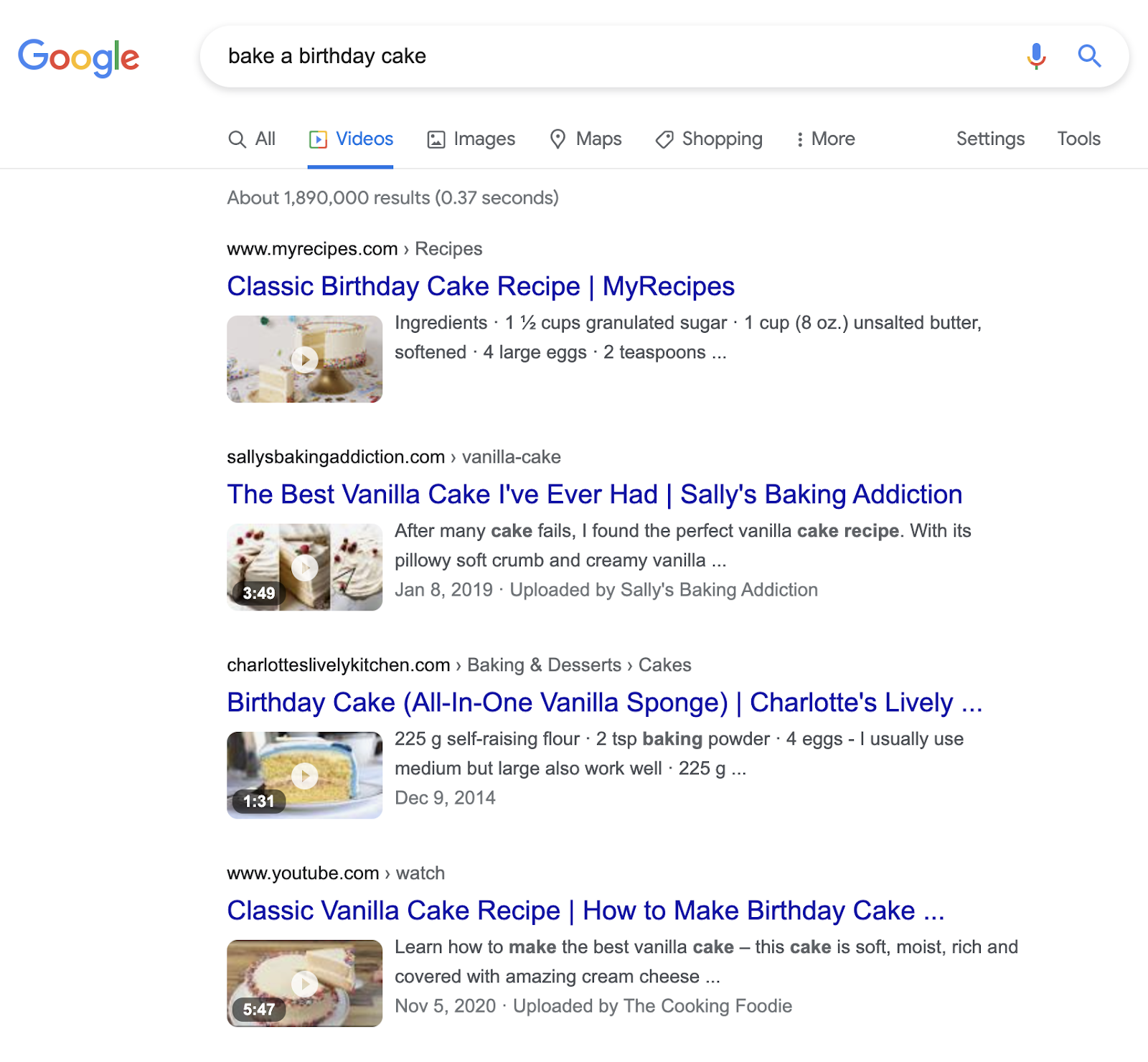 Google video search results for bake a birthday cake.