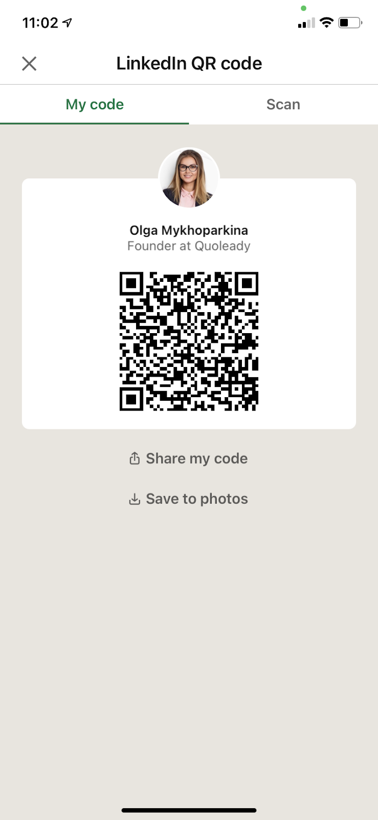 Olga Mykhoparkina's, a founder of Quoleady, LinkedIn QR code