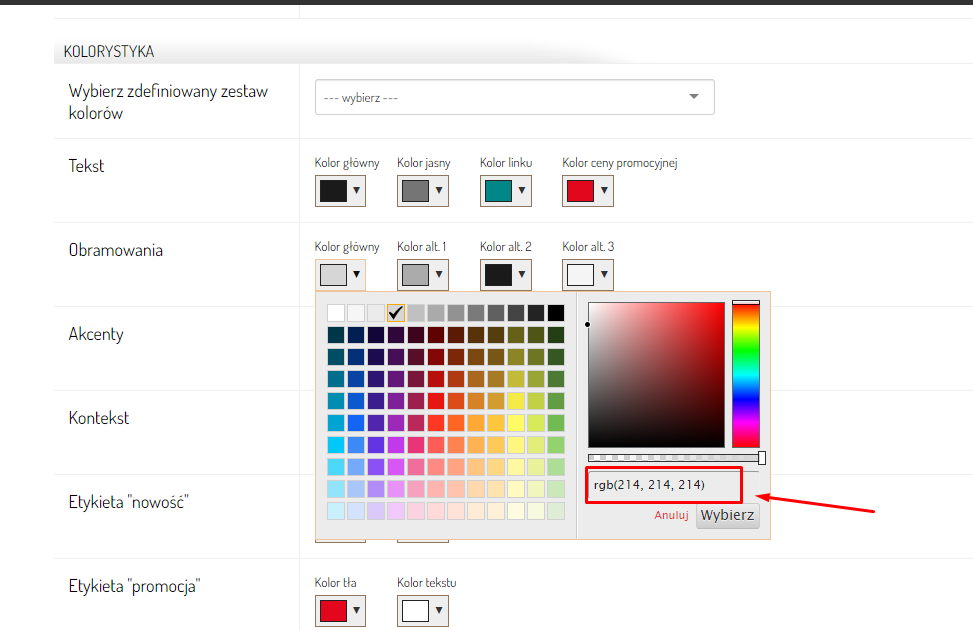 W Sellingo masz możliwość edycji kolorów wpisując numery RGB i wybierając idealnie pasujący kolor.