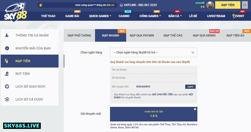 Đa dạng cách nạp tiền tại Sky88