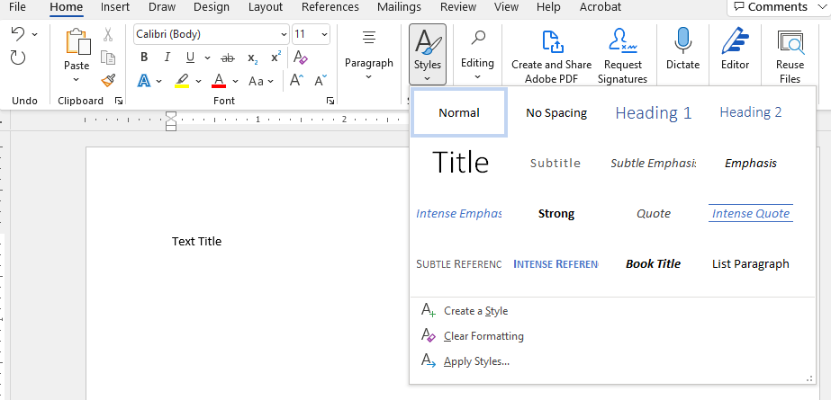 Screenshot from Microsoft Word showing the location of the Headings feature under the Styles menu
