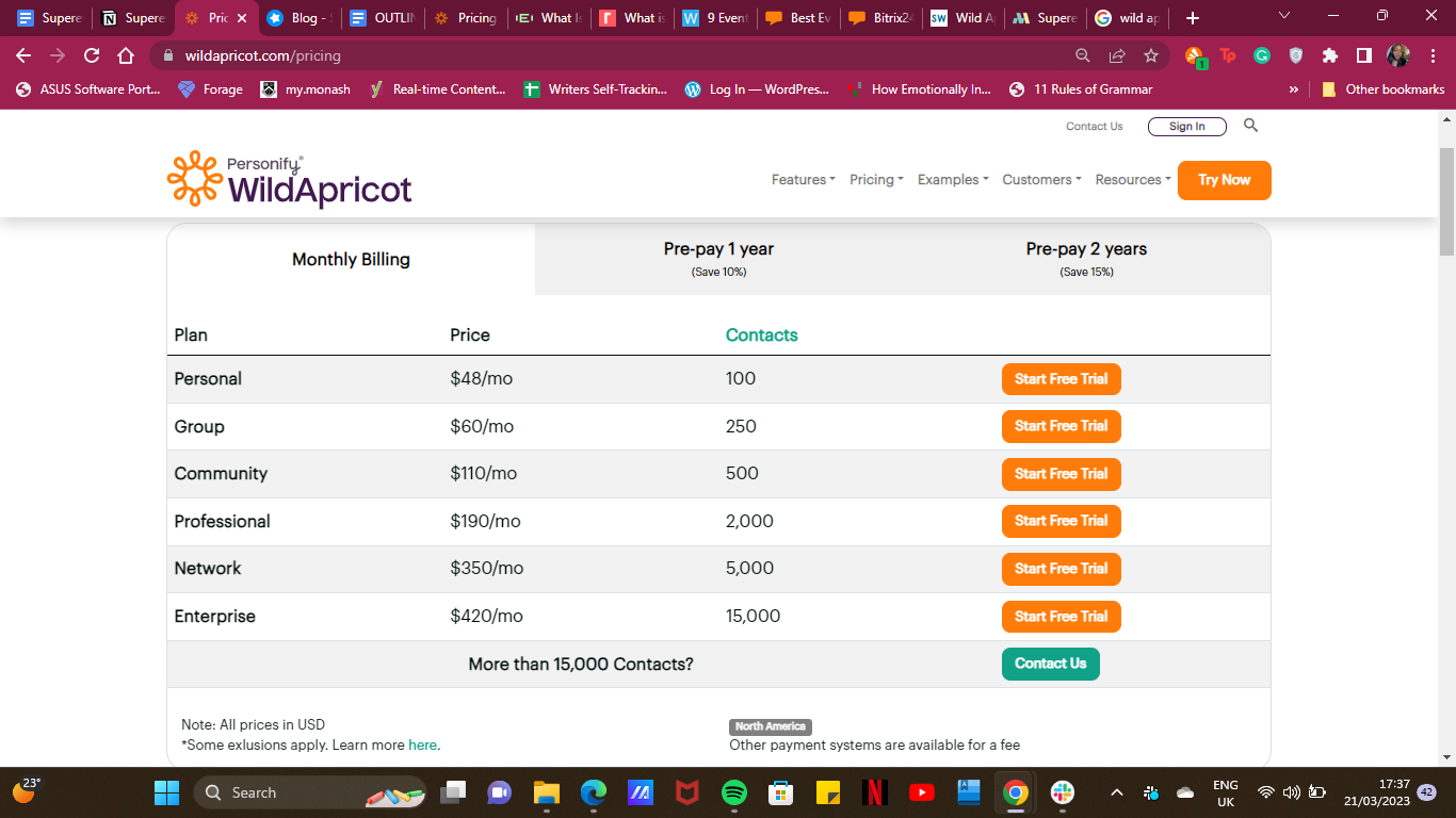User interface: Pricing WildApricot