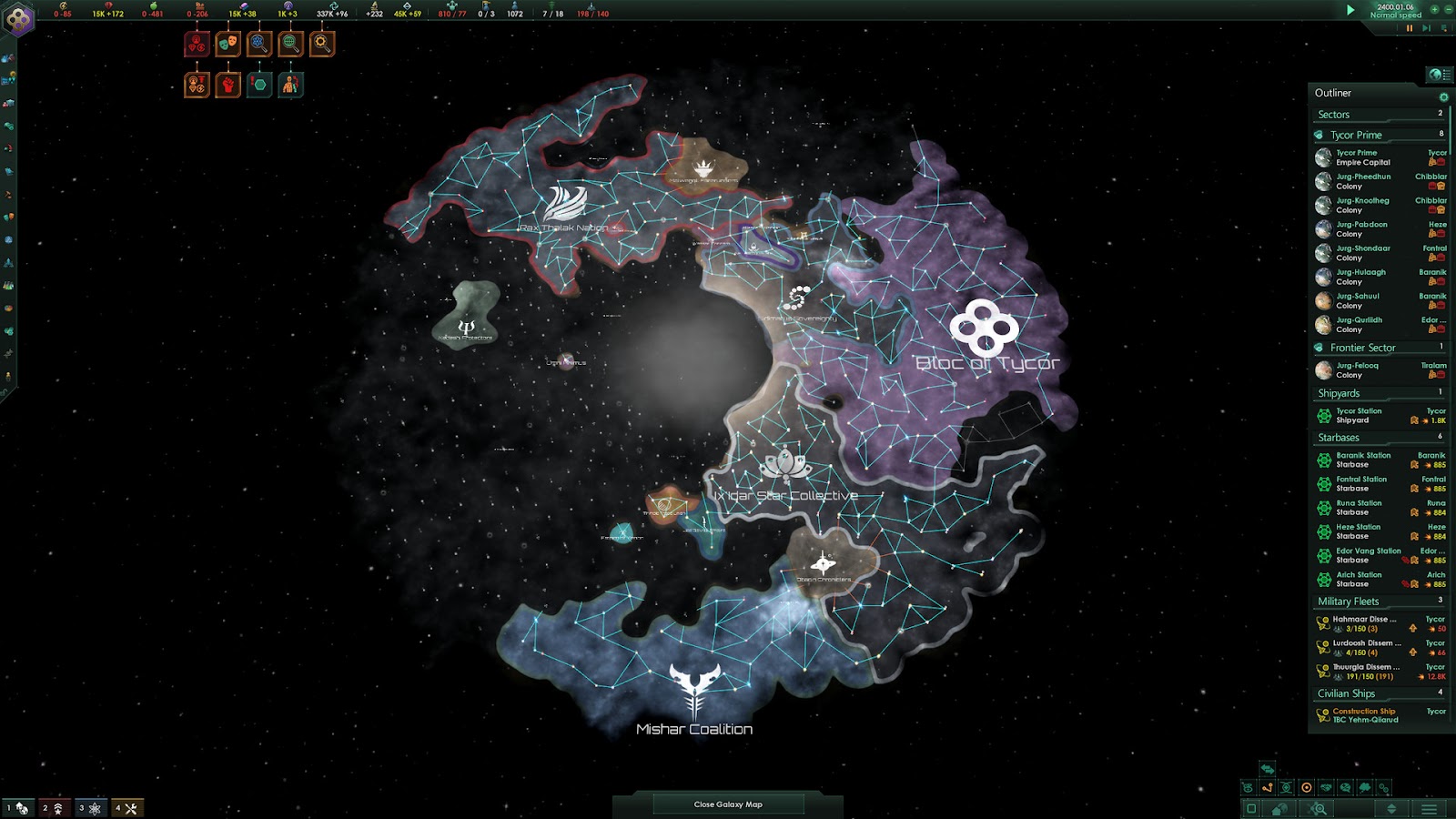 Screenshot of Stellaris 2 showing the regions map and the factions