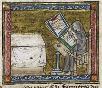 A scribe at work, from an illuminated manuscript from the Estoire del Saint Graal, France (Royal MS 14 E III c. 1315 – 1325 AD. Courtesy of http://britishlibrary.typepad.co.uk/)
https://sites.dartmouth.edu/ancientbooks/2016/05/24/medieval-book-production-and-monastic-life/
