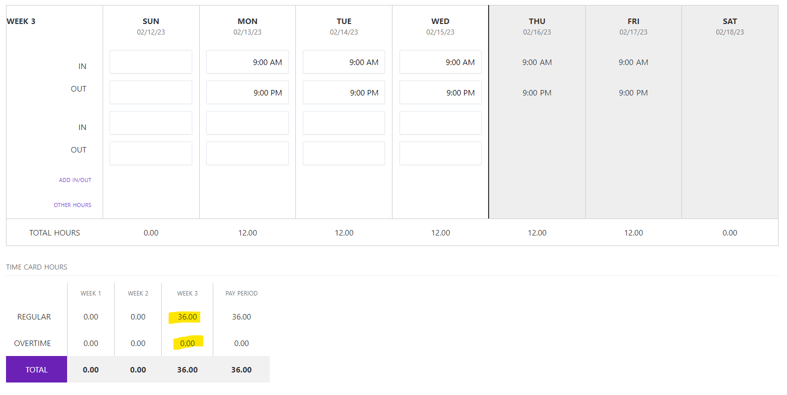 Screenshot of a semimonthly pay period where the workweek was split into 2 separate pay periods. The screenshot shows that the employee didn't work overtime in the first pay period.