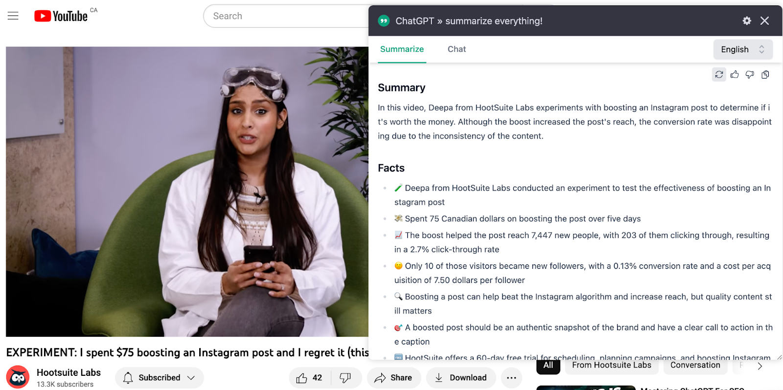 ChatGPT Chrome extension "summarize everything" summarizes a YouTube video about boosting Instagram posts.