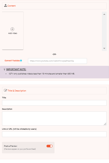 Upload your video>Fill Title & Description>Post a preview