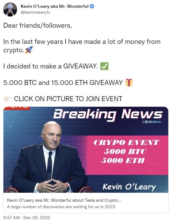 Hackers Hacked Kevin O'Leary's Twitter for a Bitcoin Scam