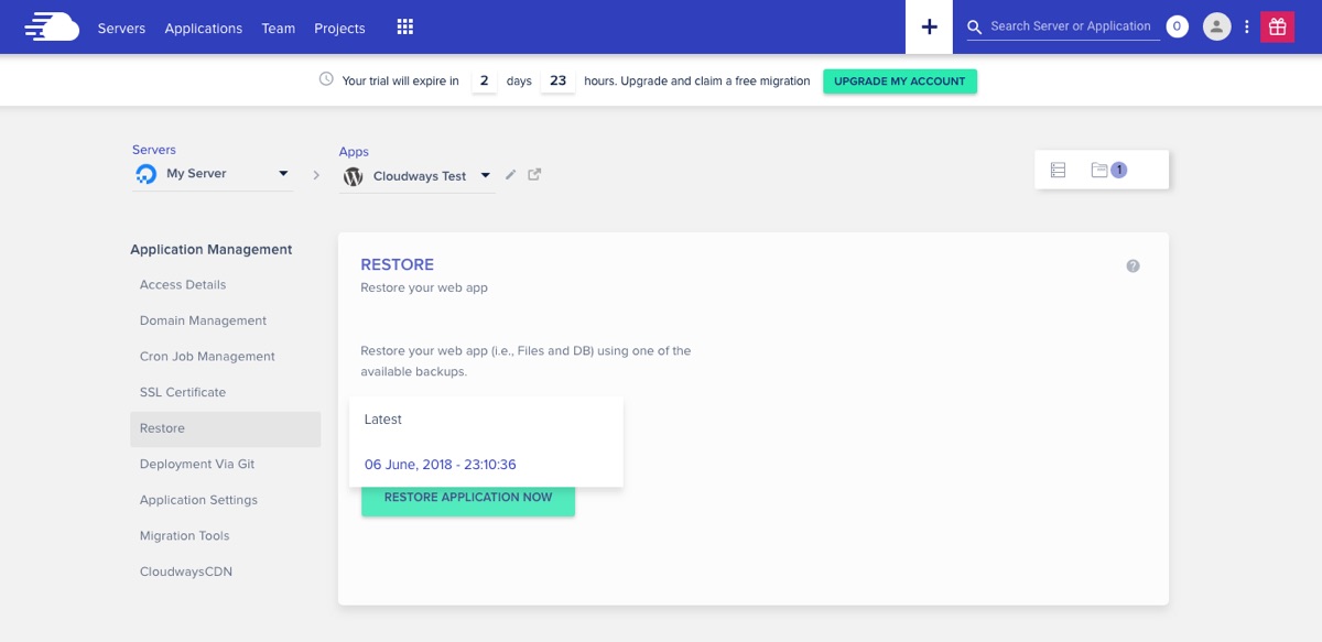 Restauração de aplicativos Cloudways