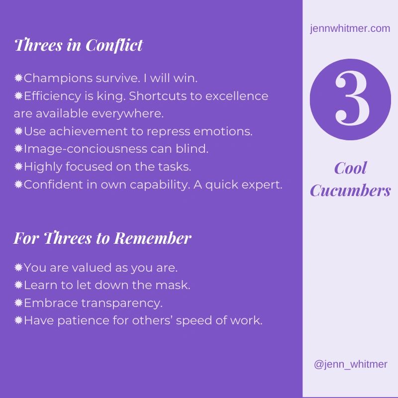 Threes in Conflict Champions survive. I will win. Efficiency is king. Shortcuts to excellence are available everywhere. Use achievement to repress emotions. Vanity can blind. Highly focused on the tasks. Confident in own capability. A quick expert. Remember: You are valued as you are. Learn to let down the mask and embrace transparency. Have patience for others’ speed of work.