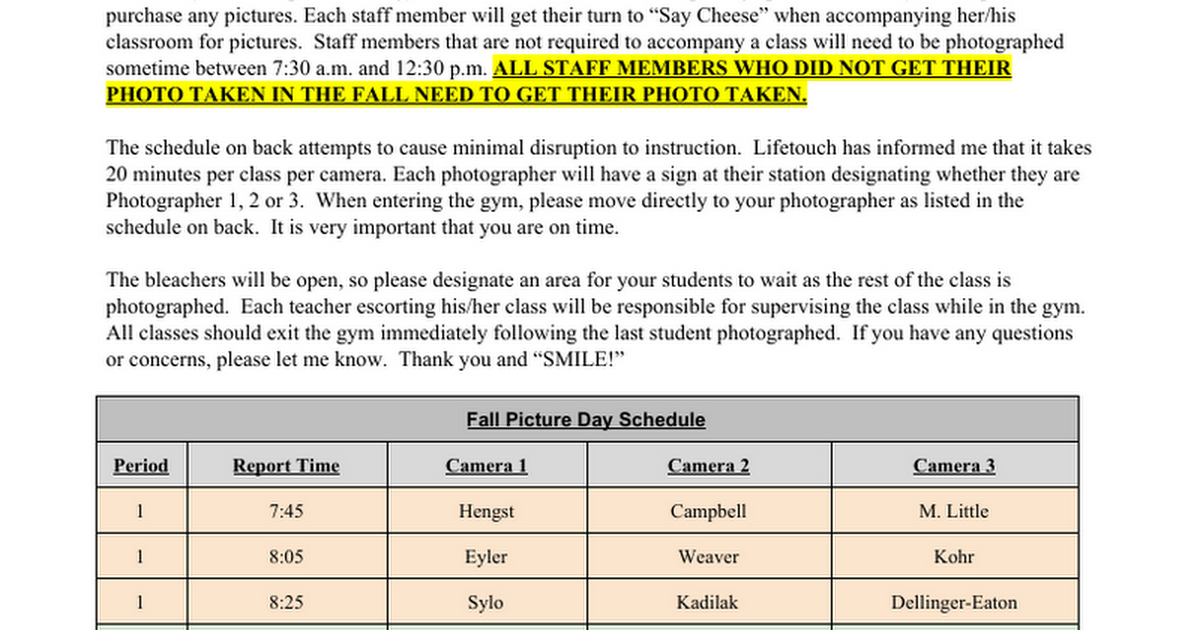 Spring Picture Day Memo 2019