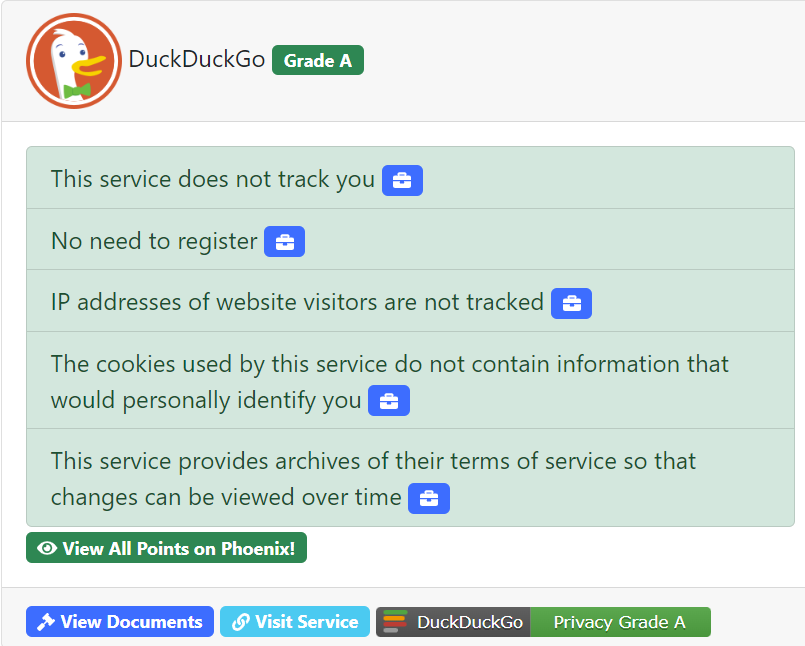 DuckDuckGo rating on Terms of Service; Didn't Read community project