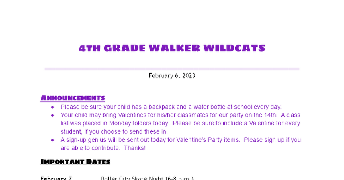 4th Grade Newsletter 2/6/23