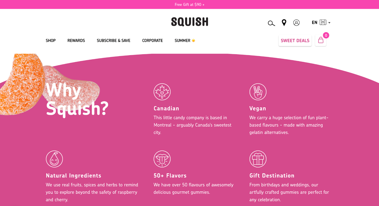 5 best referral program examples–A screenshot of Squish’s homepage that says “Why Squish?”. It lists 5 benefits including Canadian, vegan, natural ingredients, 50+ flavors, and gift destination.