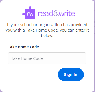 A screen to enter the Take Home Code and click 'Sign-In'