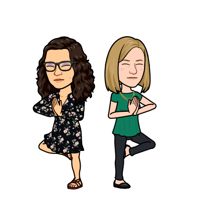 Bitmoji of Katie and Rachel in a yoga pose