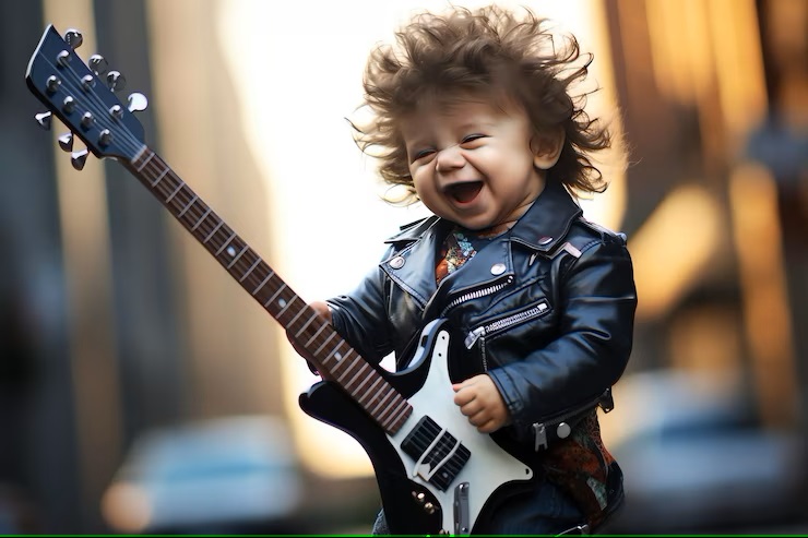Bebê em casaco de couro segura uma guitarra infantil com uma expressão de alegria e os cabelos arrepiados: o instrumento certo pode melhorar a vida da criança em muitos aspectos.