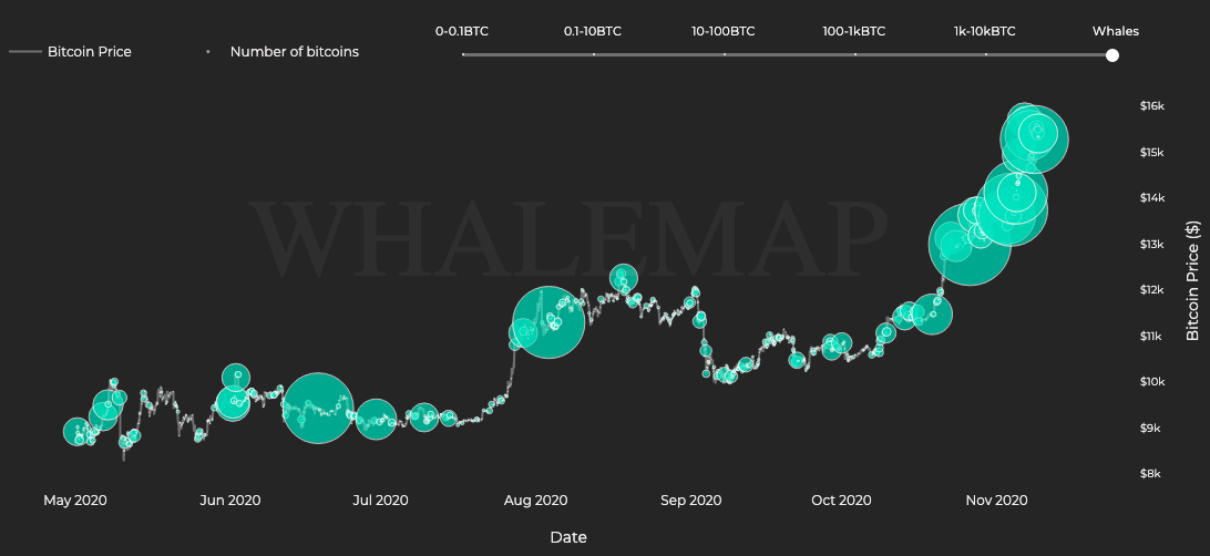Acumulação de BTC por baleias do mercado. Fonte: Whale Map.