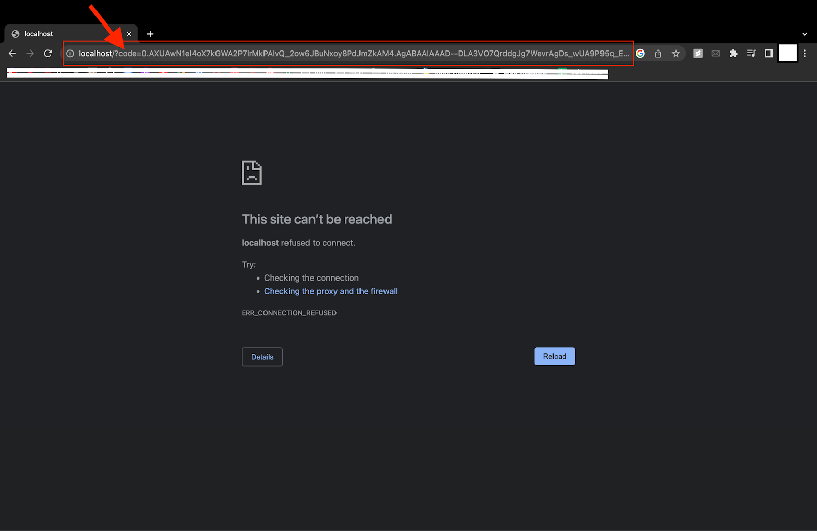Screenshot showing a web browser error page stating 'This site can’t be reached' with 'localhost' in the address bar followed by a query string, and a highlighted error 'ERR_CONNECTION_REFUSED'.